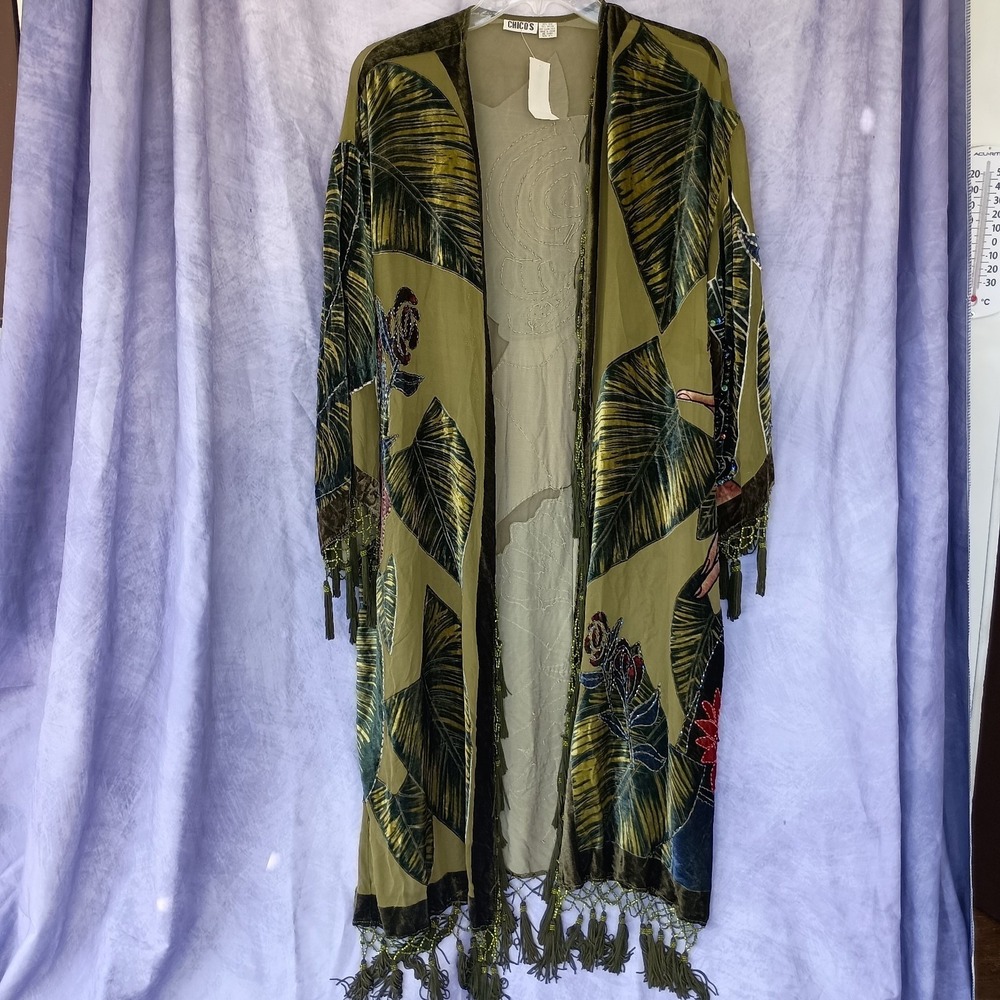 Chico's Vintage Olive Silk Velvet Burnout Tassel Beaded Kimono - Picture 2 of 11
